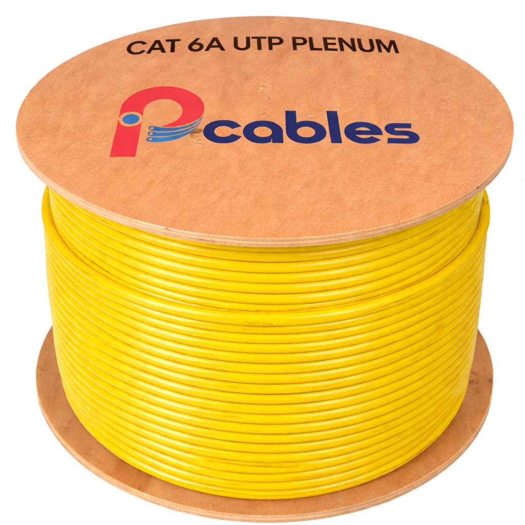 Spool of yellow Cat 6A UTP plenum cable with 'P cables' branding on a white background
