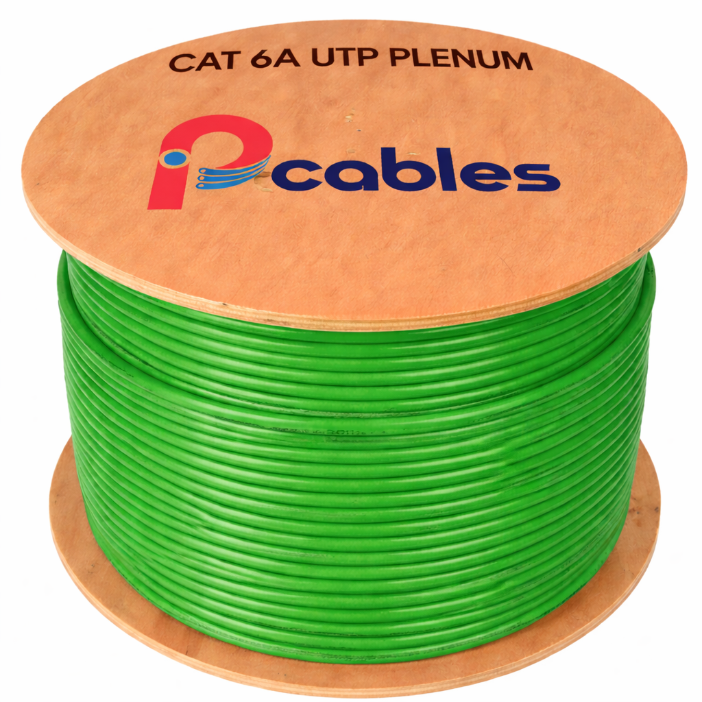 Spool of green cable labeled 'CAT 6A UTP Plenum' with 'P cables' logo on a white background