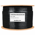 Spool of black cable labeled 'Cat6 Direct Burial (No Gel)' with a label showing product details on a white background.