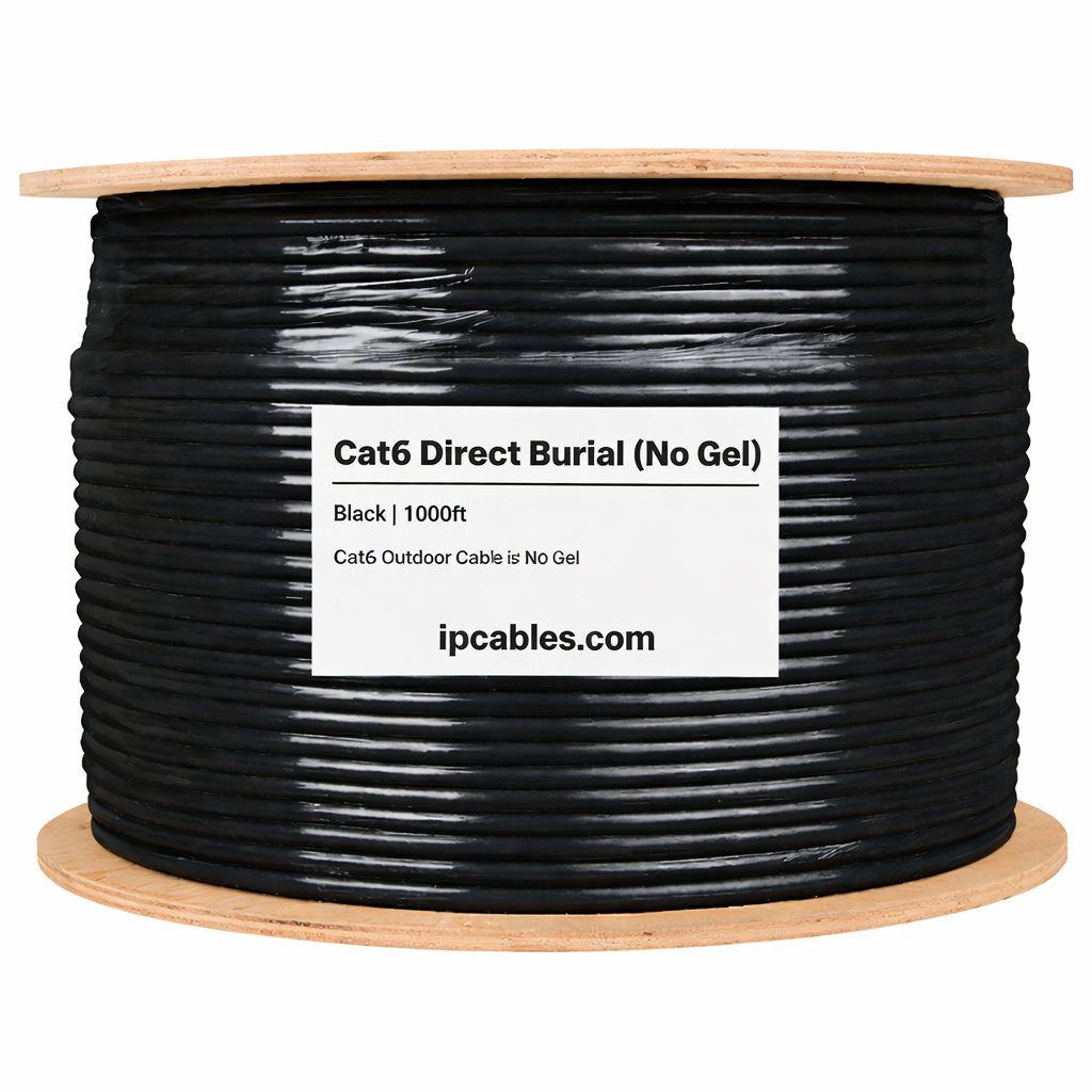 Spool of black cable labeled 'Cat6 Direct Burial (No Gel)' with a label showing product details on a white background.