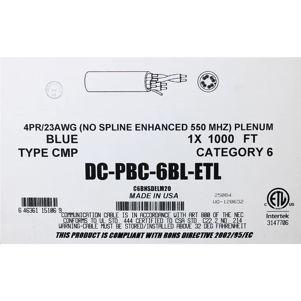 U.S. Made Cat6 Plenum UTP 100% Solid Bare Copper Ethernet Cable 1000ft - ETL Listed IP CABLES